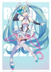 Rule 34 | 1girl, absurdly long hair, aqua eyes, aqua hair, bare shoulders, black gloves, blue background, character name, copyright name, crossed bangs, elbow gloves, english text, full body, gloves, goodsmile racing, hair between eyes, hatsune miku, highres, knees together feet apart, kusunokimizuha, long hair, necktie, open mouth, platform footwear, race queen, racing miku, racing miku (2021), short necktie, simple background, smile, smiley face, solo, teeth, twintails, two-tone gloves, upper teeth only, very long hair, vocaloid, white gloves