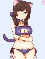 Rule 34 | 1girl, alternate costume, animal ears, artist logo, bell, blue background, blush, bra, breasts, brown hair, cat ear panties, cat ears, cat lingerie, cat tail, cowboy shot, dated, fake animal ears, fake tail, freckles, green eyes, hairband, kanon (kurogane knights), kantai collection, long hair, looking at viewer, medium breasts, meme attire, mogador (kancolle), neck bell, one-hour drawing challenge, panties, purple bra, purple panties, ribbon, solo, tail, underwear, underwear only