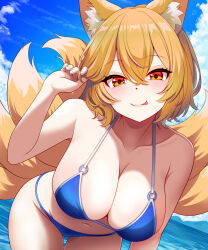 1girl :p alternate_costume animal_ear_fluff animal_ears bent_over bikini blonde_hair blue_bikini blue_sky blush breasts cloud commentary_request fox_ears fox_tail hair_between_eyes highres holding holding_own_hair kisaragi_koushi large_breasts looking_at_viewer multiple_tails no_headwear ocean red_eyes short_hair sky solo swimsuit tail tongue tongue_out touhou water yakumo_ran