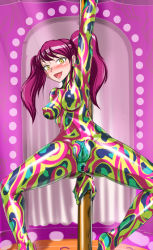 Rule 34 | 1girl, anus, atlus, blush, bodypaint, breasts, colorful, damu otoko, earrings, female focus, jewelry, kujikawa rise, long hair, medium breasts, naked paint, naughty face, nipples, nude, open mouth, persona, persona 4, pole, pole dancing, pussy, red hair, shadow (persona), skin tight, solo, stage, twintails, uncensored, yellow eyes