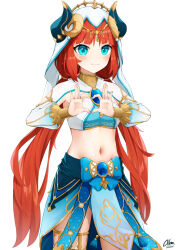 Rule 34 | 1girl, aqua eyes, bad source, blue skirt, blush, brooch, cowboy shot, crop top, fake horns, genshin impact, heart, heart hands, highres, horns, jewelry, long hair, long sleeves, looking at viewer, midriff, navel, neck ring, nilou (genshin impact), red hair, simple background, skirt, smile, solo, standing, stomach, thighlet, thighs, veil, very long hair, white background, xsan vanny
