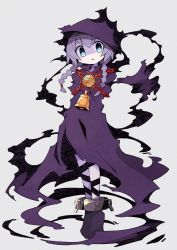 Rule 34 | 1girl, asameshi, bell, black dress, blue eyes, bright pupils, chain, commentary, cuffs, curse maker, dress, etrian odyssey, full body, grey background, highres, hood, hood up, hooded dress, looking at viewer, medallion, open mouth, shackles, simple background, solo, white pupils