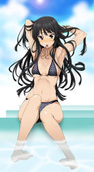 Rule 34 | 00s, 1girl, adjusting hair, akiyama mio, armpits, arms behind back, arms up, bare shoulders, barefoot, bikini, black eyes, black hair, blush, breasts, day, feet, isse, k-on!, large breasts, long hair, mouth hold, navel, polka dot, polka dot bikini, polka dot swimsuit, pool, soles, solo, swimsuit, toes, underboob, water