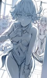 Rule 34 | 1boy, 2girls, bare shoulders, breasts, cellphone, coattails, covered navel, curly hair, detached collar, fubuki (one-punch man), hews, highleg, highleg leotard, highres, large breasts, leotard, multiple girls, one-punch man, phone, saitama (one-punch man), short hair, small breasts, tatsumaki, thighs, wrist cuffs