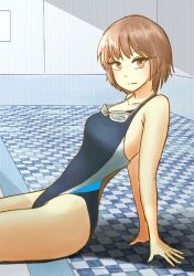 Rule 34 | 1girl, arm support, blue one-piece swimsuit, brown eyes, brown hair, collarbone, competition swimsuit, expressionless, goggles, goggles around neck, looking at viewer, machao, one-piece swimsuit, original, pool, poolside, short hair, sitting, solo, swimsuit