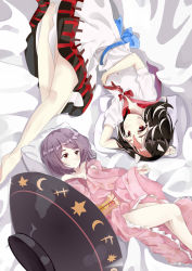Rule 34 | 2girls, absurdres, arm across chest, arm behind head, barefoot, black hair, blush, bowl, chinese commentary, commentary request, highres, horns, japanese clothes, kijin seija, kimono, light smile, long sleeves, looking at viewer, lying, multicolored hair, multiple girls, obi, off shoulder, on bed, on side, outstretched leg, pillow, pink kimono, puffy short sleeves, puffy sleeves, purple eyes, purple hair, red eyes, sash, shirt, short hair, short sleeves, skirt, streaked hair, sukuna shinmyoumaru, tadie (innovation1998), touhou, white shirt, white skirt