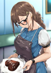 Rule 34 | 1girl, apron, black-framed eyewear, blue dress, blush, braid, breasts, brown eyes, brown hair, candy, chocolate, chocolate heart, closed mouth, dress, ear piercing, earrings, fate/grand order, fate (series), food, glasses, grey apron, hair ornament, hairclip, heart, highres, jewelry, large breasts, long hair, multiple earrings, naha78, piercing, puffy short sleeves, puffy sleeves, ribbed dress, short sleeves, solo, tray, very long hair, white apron, wristband, yu mei-ren (fate), yu mei-ren (first ascension) (fate)