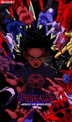 Rule 34 | 1boy, 6+others, afro, commentary, dark-skinned male, dark background, dark skin, disembodied hand, english commentary, evil eyes, glaring, highres, john wick, male focus, marvel, miles morales, multiple others, nodowdy, parody, simple background, solo focus, sony, spider-man: into the spider-verse, spider-man (miles morales), spider-man (series), spider-verse, superhero costume