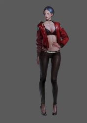 Rule 34 | 1girl, arm at side, bad artstation id, bad id, belt, black bra, black choker, black footwear, black pants, blue eyes, blue hair, bra, breasts, choker, closed mouth, contrapposto, cropped jacket, duplicate, full body, grey background, hand on own hip, high heels, highres, j. won han, jacket, lips, long sleeves, medium breasts, navel, nose, open clothes, open jacket, original, pants, red jacket, red lips, shoes, short hair, simple background, solo, standing, stomach, tight clothes, tight pants, underwear, white belt