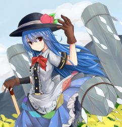 Rule 34 | 1girl, arm up, bd-0, blue hair, bow, cloud, day, dress, field, flower, flower field, food, frown, fruit, gloves, hat, hinanawi tenshi, keystone, long hair, looking at viewer, mountain, nano (ex925868312), peach, red eyes, scarlet weather rhapsody, short sleeves, sky, solo, sword of hisou, touhou, weapon