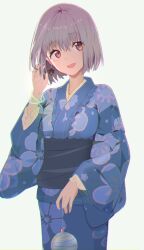 Rule 34 | 1girl, blue kimono, bracelet, breasts, commentary, cowboy shot, drop earrings, earrings, facing viewer, grey hair, gridman universe, hair between eyes, hand up, highres, japanese clothes, jewelry, kimono, lensu (lotus36936936), long sleeves, looking ahead, obi, open mouth, red eyes, sash, shinjou akane, short hair, simple background, small breasts, solo, ssss.gridman, white background, yukata
