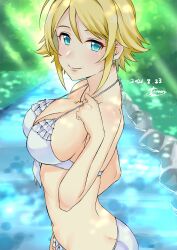 Rule 34 | 1girl, absurdres, bare shoulders, bikini, blonde hair, blurry, blurry background, blush, breasts, cleavage, closed mouth, dappled sunlight, dated, day, frilled bikini, frills, from side, front-tie bikini top, front-tie top, grass, green eyes, hand up, highres, idolmaster, idolmaster cinderella girls, idolmaster cinderella girls starlight stage, jewelry, large breasts, larmen sennin, looking at viewer, musical note necklace, necklace, outdoors, river, short hair, sideboob, signature, smile, solo, strap pull, sunlight, swimsuit, tree, umeki otoha, white bikini