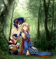 Rule 34 | 2girls, amami amayu, black hair, blonde hair, breasts, cleavage, detached sleeves, elf, eye contact, forest, hand on another&#039;s shoulder, hat, horns, large breasts, long hair, long pointy ears, looking at another, monster collection, multiple girls, nature, navel, oekaki, on one knee, outdoors, pointy ears, purple eyes, purple hair, sitting, thighhighs, tree, very long hair