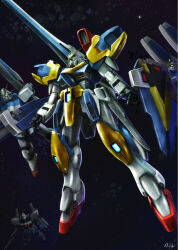 Rule 34 | arms at sides, asteroid, beam cannon, beam rifle, character request, check character, commentary request, energy gun, flying, full body, glowing, glowing eyes, green eyes, gun, gun blastor, gundam, highres, hiwa industry, holding, holding gun, holding weapon, legs apart, looking ahead, mecha, mecha focus, mobile suit, no humans, open hands, robot, science fiction, shield, signature, space, star (sky), v-fin, v2 assault-buster gundam, v2 gundam, v dash gundam hexa, v gundam, victory gundam, weapon
