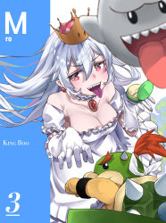 Rule 34 | 1boy, 1girl, absurdres, artist request, bare shoulders, blue background, blurry, blurry foreground, blush, boo (mario), bowser jr., breasts, character name, choker, cleavage, close-up, collarbone, colored tongue, commentary request, dress, earrings, elbow gloves, foreshortening, ghost pose, gloves, hair between eyes, hair tie, highres, horns, initial, jewelry, koopa clown car, long hair, long tongue, looking back, luigi&#039;s mansion, mario (series), medium breasts, new super mario bros. u deluxe, nintendo, off-shoulder dress, off shoulder, pendant, pointy ears, princess king boo, puffy short sleeves, puffy sleeves, purple tongue, red eyes, red hair, sharp teeth, short sleeves, sidelocks, silver hair, solid circle eyes, spiked shell, super crown, teeth, tongue, tongue out, two-tone background, white background, white choker, white dress, white gloves, wristband