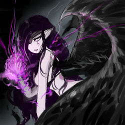 Rule 34 | 1girl, absurdres, breasts, highres, league of legends, long hair, morgana (league of legends), pointy ears, purple hair, solo, wings