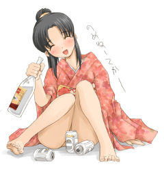 Rule 34 | alcohol, barefoot, beer, black hair, censored, convenient censoring, drunk, closed eyes, feet, ishida masayuki, japanese clothes, kimono, ponytail, smile, solo, toes