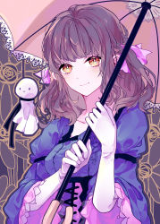 Rule 34 | 1girl, absurdres, black ribbon, blush, bow, brown hair, closed mouth, collar, elbow gloves, eyelashes, floral background, flower, gloves, hair bow, highres, holding, holding umbrella, kisame (klelloch), long eyelashes, looking at viewer, medium hair, original, pink bow, purple flower, purple rose, ribbon, rose, smile, solo, umbrella, white gloves, yellow eyes