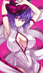 Rule 34 | 1girl, alternate costume, armpits, arms up, blush, breasts, cleavage, cleavage cutout, clothing cutout, covered erect nipples, female focus, front zipper swimsuit, hat, large breasts, looking at viewer, meme attire, nagae iku, one-piece swimsuit, purple hair, red eyes, shawl, short hair, simple background, smile, solo, swimsuit, touhou, touya (the-moon), unzipped, wet, zipper