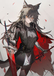 Rule 34 | 1girl, absurdres, animal ears, arknights, black hair, black jacket, breasts, cape, chest strap, cowboy shot, dutch angle, gauntlets, grey shirt, highres, holding, holding sword, holding weapon, jacket, krin (krinnin), light frown, long hair, looking at viewer, medium breasts, messy hair, open clothes, open jacket, orange eyes, pantyhose, red cape, shirt, solo, sword, tail, texas (arknights), texas the omertosa (arknights), torn cape, torn clothes, weapon, wolf ears, wolf girl, wolf tail