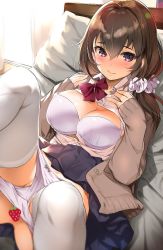 Rule 34 | 1girl, bedroom, blue skirt, blush, bow, bow panties, bra, breasts, brown hair, cardigan, censored, closed mouth, collared shirt, day, food, foreshortening, fruit, hair ornament, hair scrunchie, highres, large breasts, long hair, looking at viewer, lying, nylon (nylon 100%), on back, on bed, open cardigan, open clothes, original, panties, panty pull, pillow, pleated skirt, purple bra, purple eyes, purple panties, school uniform, scrunchie, shirt, side ponytail, skirt, sleeves past wrists, smile, solo, strawberry, thighhighs, underwear, white shirt, white thighhighs, window