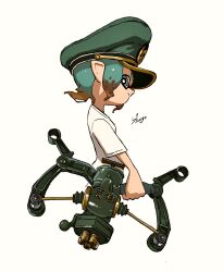 Rule 34 | 1girl, artist name, brown hair, closed mouth, commentary request, cropped torso, green eyes, green hair, green hat, hat, highres, holding, holding weapon, inkling, inkling girl, inkling player character, multicolored hair, nintendo, peaked cap, pointy ears, shirt, shogo (shogo70449442), short hair, short sleeves, sideways glance, smile, solo, splatoon (series), splatoon 3, tentacle hair, two-tone hair, v-shaped eyebrows, weapon, wellstring v (splatoon), white background, white shirt