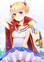 Rule 34 | 1girl, absurdres, armpits, artist name, azur lane, bad id, bad pixiv id, blonde hair, blue eyes, blush, breasts, cape, clock, epaulettes, floral background, gauntlets, hair ornament, hand on own head, highres, le triomphant (azur lane), looking at viewer, rapier, small breasts, solo, sword, taitai, weapon