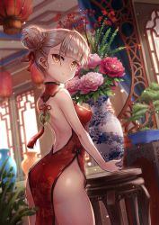 Rule 34 | 1girl, architecture, backless dress, backless outfit, bare arms, bare back, bare shoulders, blush, bonsai, braid, breasts, china dress, chinese clothes, closed mouth, commentary request, cowboy shot, double bun, dress, east asian architecture, flower, flower knot, from side, hair bun, hair ribbon, highres, holding, indoors, light brown hair, light particles, looking at viewer, looking back, medium breasts, nail polish, no panties, original, pelvic curtain, peony (flower), pink flower, pink nails, red dress, red flower, red ribbon, resolution mismatch, revision, ribbon, side slit, sleeveless, sleeveless dress, smile, solo, source smaller, table, tassel, tree, tsukizaki shizuka, vase, yellow eyes