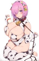 Rule 34 | 1girl, :o, absurdres, animal ears, animal print, bell, blue gk, bottle, breasts, collar, commentary request, cow ears, cow horns, cow print, cow print bikini, cowbell, ear tag, elbow gloves, fake animal ears, fate/grand order, fate (series), fingerless gloves, full body, gloves, hair over one eye, highres, horns, huge breasts, leash, looking at viewer, mash kyrielight, milk bottle, neck bell, pink hair, print bikini, purple eyes, red collar, short hair, simple background, sitting, solo, swimsuit, thighhighs, thighs, white background, white gloves, white thighhighs