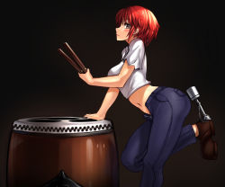 Rule 34 | 1girl, alternate costume, ass, ayakumo, blush, breasts, crop top, denim, drum, drumsticks, female focus, horikawa raiko, instrument, jeans, large breasts, leaning forward, looking at viewer, midriff, navel, open fly, pants, red eyes, red hair, shirt, short hair, short sleeves, smile, solo, standing, standing on one leg, taiko drum, touhou, unzipped
