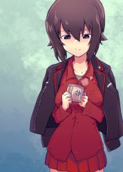 Rule 34 | 1girl, black jacket, brown eyes, brown hair, closed mouth, coffee mug, commentary, cup, dress shirt, emblem, girls und panzer, half-closed eyes, holding, holding cup, insignia, jacket, jacket on shoulders, kuromorimine (emblem), kuromorimine military uniform, long sleeves, looking at viewer, military, military uniform, miniskirt, monolith (suibou souko), mug, nishizumi maho, pleated skirt, red shirt, red skirt, shirt, short hair, skirt, smile, solo, standing, steam, uniform, wing collar