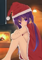 Rule 34 | 1girl, absurdres, backlighting, bare arms, bare legs, barefoot, blurry, blush, bobblehat, breasts, cape, christmas, cleavage, depth of field, fire, fireplace, fur-trimmed cape, fur-trimmed headwear, fur trim, gochuumon wa usagi desu ka?, hair between eyes, hat, highres, indoors, knees to chest, knees up, light particles, long hair, looking at viewer, medium breasts, mottsun (i 40y), naked cape, on floor, open mouth, purple eyes, purple hair, red hat, santa hat, sitting, solo, tedeza rize, twintails