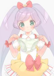 Rule 34 | 1girl, ahoge, blush, bow, closed mouth, commentary, cowboy shot, detached collar, detached sleeves, dot nose, dress, green eyes, green panties, grey background, hair bow, highres, holding, holding clothes, holding panties, holding underwear, hyakumangoku masurao, long hair, manaka laala, multicolored clothes, multicolored dress, panties, pretty series, pripara, puffy detached sleeves, puffy sleeves, purple hair, red bow, simple background, sleeveless, sleeveless dress, solo, standing, striped clothes, striped dress, twintails, underwear, unworn panties, vertical-striped clothes, vertical-striped dress, very long hair, waist bow, wrist bow