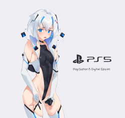 Rule 34 | 1girl, armpit crease, bare shoulders, black choker, black gloves, black leotard, blue eyes, choker, covered navel, cowboy shot, detached sleeves, earrings, embarrassed, frown, game console, gloves, groin, highleg, highleg leotard, highres, jewelry, leotard, looking at viewer, mhk (mechamania), multicolored hair, open mouth, original, personification, playstation 5, product girl, ps5 chan, short hair, solo, sony, thighhighs, thighs, two-tone hair, vest, white hair, white thighhighs