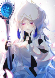 Rule 34 | 1girl, artist request, black gloves, breasts, fate/grand order, fate/prototype, fate (series), fingerless gloves, gloves, holding, holding staff, hood, hood up, hooded robe, index finger raised, long hair, long sleeves, looking at viewer, medium breasts, merlin (fate/prototype), merlin (fate/prototype) (first ascension), parted lips, petals, purple eyes, robe, smile, staff, very long hair, white hair, white robe, wide sleeves