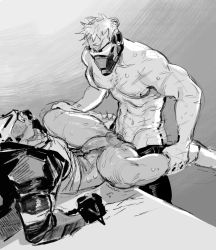 Rule 34 | 2boys, abs, anal, bara, bottomless, clenched teeth, erection, highres, lying, male focus, male penetrated, mask, missionary, monochrome, multiple boys, muscular, overwatch, overwatch 1, pectorals, penis, reaper (overwatch), sex, soldier: 76 (overwatch), sweat, teeth, testicles, yaoi