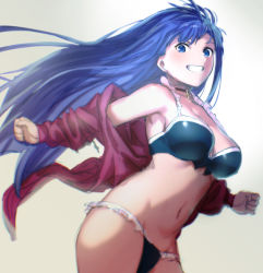 Rule 34 | 1girl, aoba (smartbeat), bare shoulders, bikini, black bikini, blue eyes, blush, breasts, choker, cleavage, collarbone, cross, cross choker, fate/grand order, fate (series), grin, groin, highres, jacket, large breasts, long hair, long sleeves, looking at viewer, martha (fate), martha (swimsuit ruler) (fate), martha (swimsuit ruler) (second ascension) (fate), navel, off shoulder, open clothes, open jacket, purple hair, red jacket, smile, solo, swimsuit