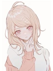 Rule 34 | 1girl, absurdres, ahoge, akamatsu kaede, alternate costume, blush, danganronpa (series), danganronpa v3: killing harmony, fortissimo, grey shirt, hair ornament, hand up, highres, long hair, long sleeves, looking at viewer, musical note, musical note hair ornament, nokoru sora, parted lips, shirt, simple background, sleeves past wrists, solo, sweater, upper body, v, white background