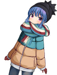 Rule 34 | 1girl, bad id, bad pixiv id, beanie, black hat, black pants, blue hair, blue jacket, blush, brown jacket, closed mouth, commentary request, enpera, fringe trim, gloves, hat, highres, jacket, konpotsu, long sleeves, looking at viewer, pants, purple eyes, red gloves, scarf, shima rin, simple background, sleeves past wrists, solo, white background, yurucamp