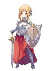 Rule 34 | 1girl, armor, blonde hair, boots, breastplate, closed mouth, full armor, full body, gauntlets, gorget, holding, holding shield, holding sword, holding weapon, kuga tsukasa, looking at viewer, armored boots, original, planted sword, planted, plate armor, shield, shoulder armor, simple background, solo, pauldrons, standing, sword, waist cape, weapon, white background, yellow eyes