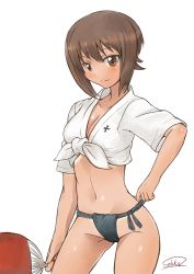 Rule 34 | 10s, 1girl, bad id, bad pixiv id, blush, breasts, brown eyes, brown hair, cameltoe, cleavage, front-tie top, fundoshi, girls und panzer, hand fan, japanese clothes, looking at viewer, navel, nishizumi maho, paper fan, shiny skin, shirt, short hair, simple background, smile, solo, solokov (okb-999), standing, tan, tanline, tied shirt, uchiwa