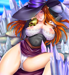 Rule 34 | 1girl, bad id, bad pixiv id, bare shoulders, blush, breast press, breasts, cleavage, detached sleeves, dragon&#039;s crown, dress, female focus, hat, highleg, highleg panties, highres, huge breasts, large breasts, long hair, nipples, panties, red eyes, red hair, shigemiya kyouhei, side slit, skull, solo, sorceress (dragon&#039;s crown), staff, strapless, strapless dress, underwear, vanillaware, witch hat