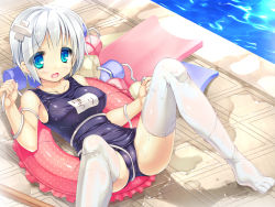 Rule 34 | 1girl, blue eyes, feet, highres, no shoes, ochinsama, one-piece swimsuit, original, school swimsuit, short hair, solo, swimsuit, thighhighs, white hair, white thighhighs