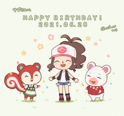 Rule 34 | 3girls, animal crossing, baseball cap, boots, brown hair, closed eyes, creatures (company), dated, denim, denim shorts, exposed pocket, floral print, flower, flurry (animal crossing), full body, game freak, happy birthday, hat, hilda (pokemon), multiple girls, nintendo, pokemon, pokemon bw, ponytail, poppy (animal crossing), protected link, red sweater, shorts, smile, squirrel tail, sweater, tail, yairo (sik s4)