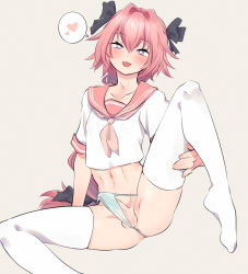 Rule 34 | 1boy, anus, anus peek, astolfo (fate), black bow, blue eyes, blue panties, blush, bow, bright pupils, collarbone, crop top, erection, fang, fate/grand order, fate (series), grey background, hair bow, hair intakes, heart, highres, looking at viewer, male focus, navel, niwa (niwa827), open mouth, panties, penis, pink hair, pink neckwear, pink sailor collar, sailor collar, simple background, skin fang, solo, spoken heart, testicles, thighhighs, trap, uncensored, underwear, white pupils, white thighhighs