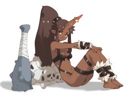 Rule 34 | 1girl, black nails, breasts, brown hair, closed mouth, club (weapon), commentary, dark skin, dark-skinned female, english commentary, fangs, fangs out, fingernails, horn ornament, horn ring, horns, legs together, long hair, looking at viewer, nail polish, navel, oni, oni horn, original, ponytail, simple background, single horn, skull, small breasts, smile, solo, spiked club, spikes, toenail polish, toenails, vins-mousseux, weapon, white background