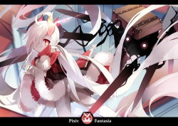 Rule 34 | 1girl, copyright name, demon girl, horns, letterboxed, long hair, looking at viewer, monster, pixiv fantasia, pixiv fantasia t, pointy ears, red eyes, red rulu (saru), rulu (saru), saru, very long hair, white hair