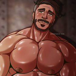 Rule 34 | absurdres, arkhan.dvan, bara, belt, black hair, business suit, buttons, creatures (company), curly hair, earrings, facial hair, formal, game freak, green eyes, highres, jewelry, large pectorals, male focus, muscular, muscular male, nintendo, non-web source, pectorals, pokemon, pokemon swsh, puffy chest, rose (pokemon), self-upload, single earring, suit, undercut
