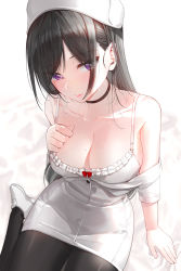 Rule 34 | 1girl, black choker, black hair, black pantyhose, blush, bra, breasts, choker, cleavage, closed mouth, clothes pull, collarbone, commentary, dress, dress pull, eyes visible through hair, frilled bra, frills, full body, grey bra, grey dress, hand on own chest, hat, highres, kfr, large breasts, lips, long hair, looking at viewer, mole, mole on breast, off shoulder, original, pantyhose, pencil dress, purple eyes, shoes, simple background, sitting, smile, solo, straight hair, sweat, symbol-only commentary, underwear, white background, white footwear, white hat, yokozuwari