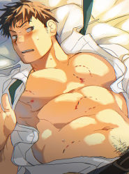 Rule 34 | 1boy, abs, absurdres, bad id, bad pixiv id, bara, bed, bite mark, black hair, blush, collared shirt, highres, large pectorals, lying, male focus, male pubic hair, muscular, muscular male, navel, necktie, on back, on bed, open clothes, open shirt, original, pectorals, pubic hair, sagami jon, shirt, short hair, solo, undone necktie, white shirt